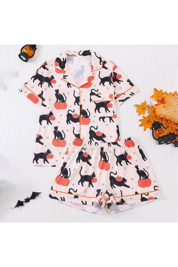 Halloween Satin Pajamas for Women Set 2 Piece Satin Pj Set Button-Down Silk Pj Set Print Graphic Lounge Set Soft Comfy Notch Collar Gothic Sleepwear with Pockets
