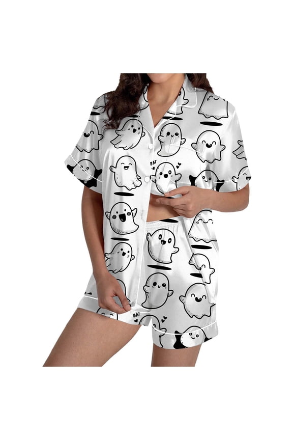 Halloween Satin Silk Pajamas for Women 2 Pcs Button Down Short Sleeve Shorts Pjs Set Print Graphic Set Loungewear Relaxed Fit Collar Gothic Sleepwear with Pockets