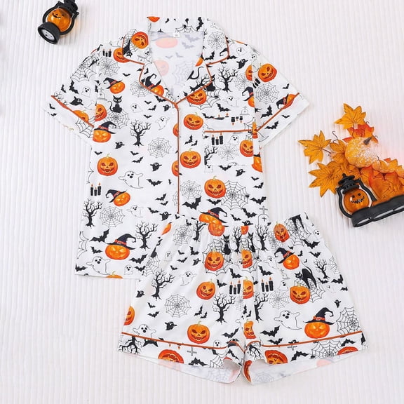 CAIXIA Halloween Silk Pajamas for Women Set 2 Pcs Satin Pj Set Button-Down Silk Pj Set Ghost Pumpkin Graphic Loungewear Relaxed Fit Ruffle Notch Collar Sleepwear Cute Sets with Chest Pocket