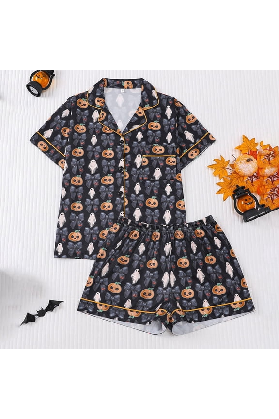 Halloween Silk Pajamas for Women Set 2 Piece Short Sleeve Sleepwear Button Down Pjs Graphic Printed Cozy Loungewear Sets Soft Comfy Ruffle Notch Collar Gothic Sleepwear with Pockets
