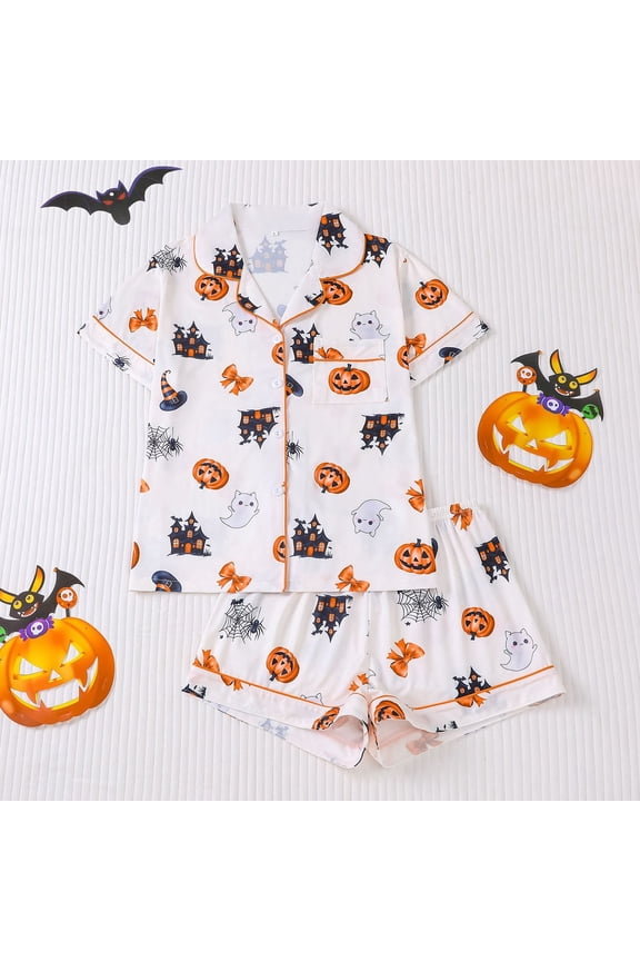 Halloween Womens Pajamas Set Satin 2 Piece Short Sleeve Button Down Cartoon Ghost Pumpkin Lounge Set Soft Collar Gothic Sleepwear with Pockets