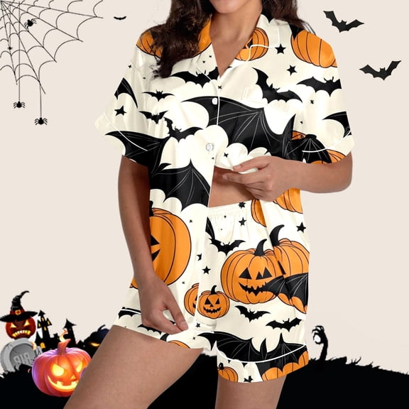 CAIXIA Halloween Womens Satin Pajama Set 2 Pcs Button Down Short Sleeve Shorts Pjs Set Ghost Pumpkin Graphic Soft Lounge Sets Soft Notch Collar Sleepwear Cute Sets with Chest Pocket