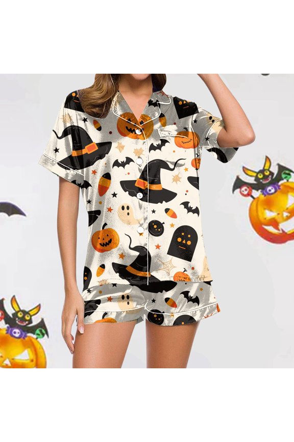 Halloween Womens Satin Pajama Set 2 Pcs Button Down Silk Pjs Shorts Set Pink Skull Pumpkin Soft Lounge Sets Soft Comfy Ruffle Notch Collar Gothic Sleepwear with Pockets