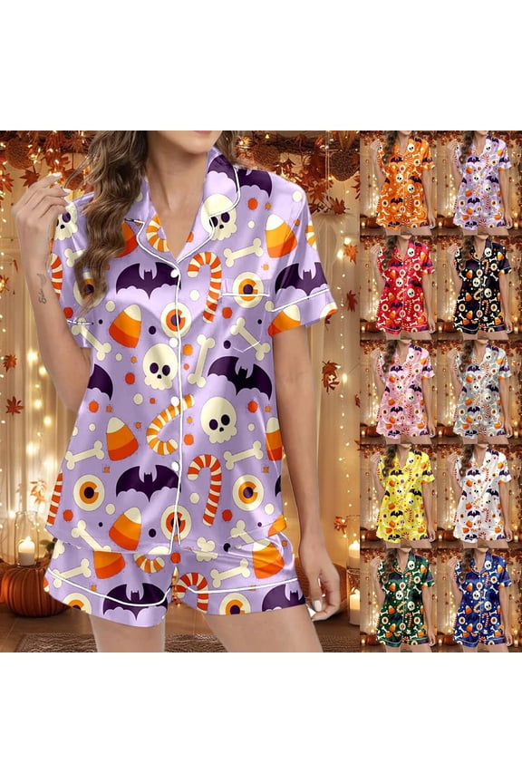 Halloween Womens Silk Pajamas Set 2 Pcs Button Down Silk Pjs Shorts Set Pumpkin Print Loungewear Relaxed Fit Ruffle Notch Collar Gothic Sleepwear with Pockets