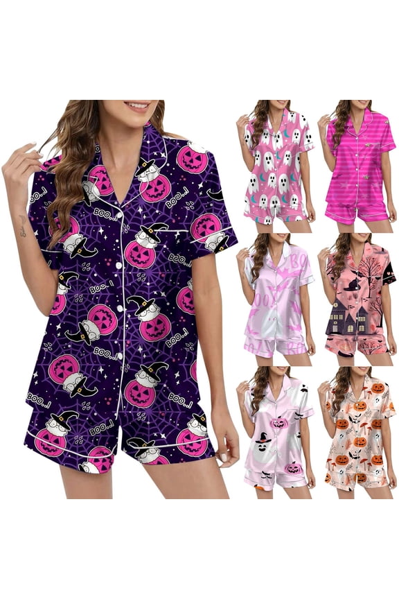 Halloween Womens Silk Pajamas Set 2 Piece Button Down Silk Pjs Shorts Set Graphic Printed Lounge Sets Soft Ruffle Notch Collar Gothic Sleepwear with Pockets