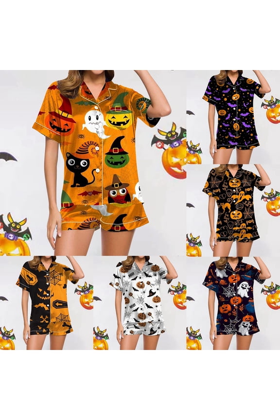 Halloween Womens Silk Satin Pajama Set 2 Piece Satin Pj Set Button-Down Silk Pj Set Ghost Pumpkin Print Soft Lounge Sets Relaxed Fit Notch Collar Gothic Sleepwear with Pockets