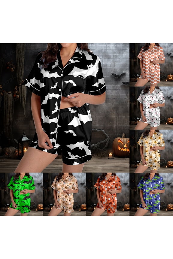 Halloween Womens Silk Satin Pajamas Set 2 Pcs Button Down Short Sleeve Shorts Pjs Set Ghost Pumpkin Graphic Soft Lounge Set Soft Comfy Collar Gothic Sleepwear with Pockets