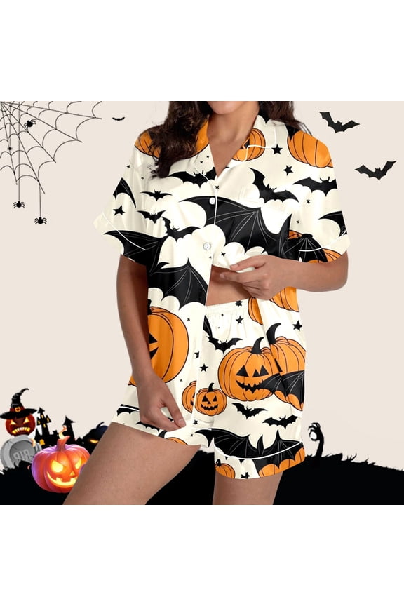 Halloween Womens Silk Satin Pajamas Set 2 Pcs Button Top with Shorts Ghost Pumpkin Graphic Cozy Loungewear Sets Soft Ruffle Notch Collar Gothic Sleepwear with Pockets