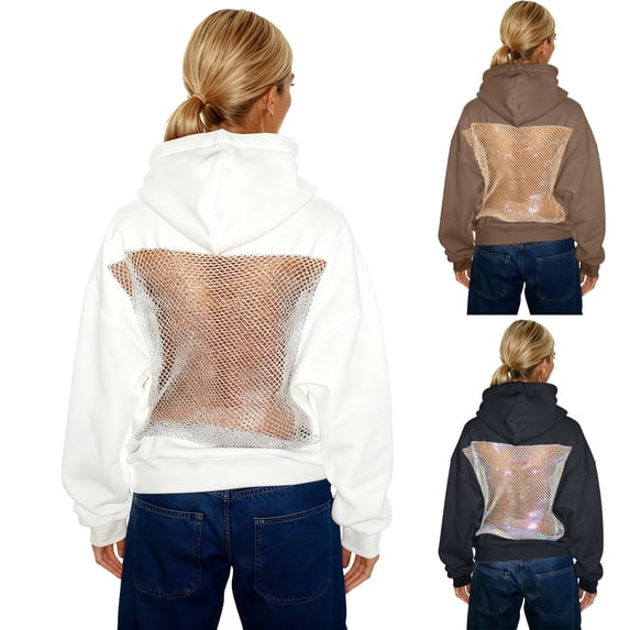 CAIXIA Hoodie Hollow Mesh Back Women'S Sweatshirt Casual Long Sleeve Headband Pocket,White