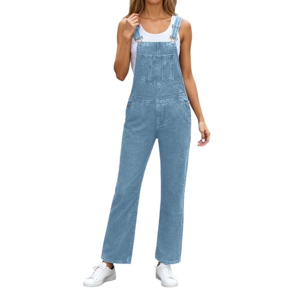 CAIXIA Jean Overalls for Women Straight Leg Wash Stitch Detail Stretchy Casual Denim Jumpsuits with Pockets,Blue