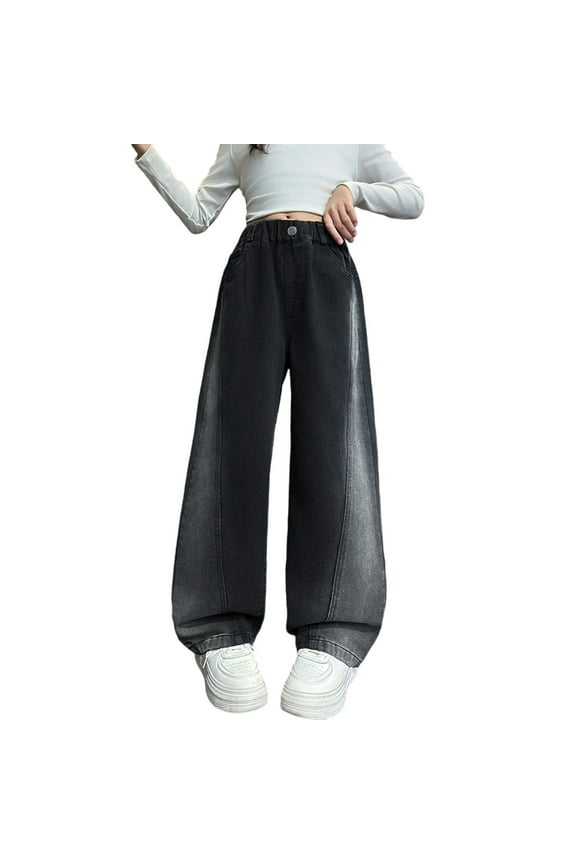 Jeans Baggy Girls,Girls Wide Leg Jeans For Toddlers Comfortable Loose Fit Straight Denim Pants Stylish Casual Outfit For Kids Autumn Fashion,A-Black,5-6 Years