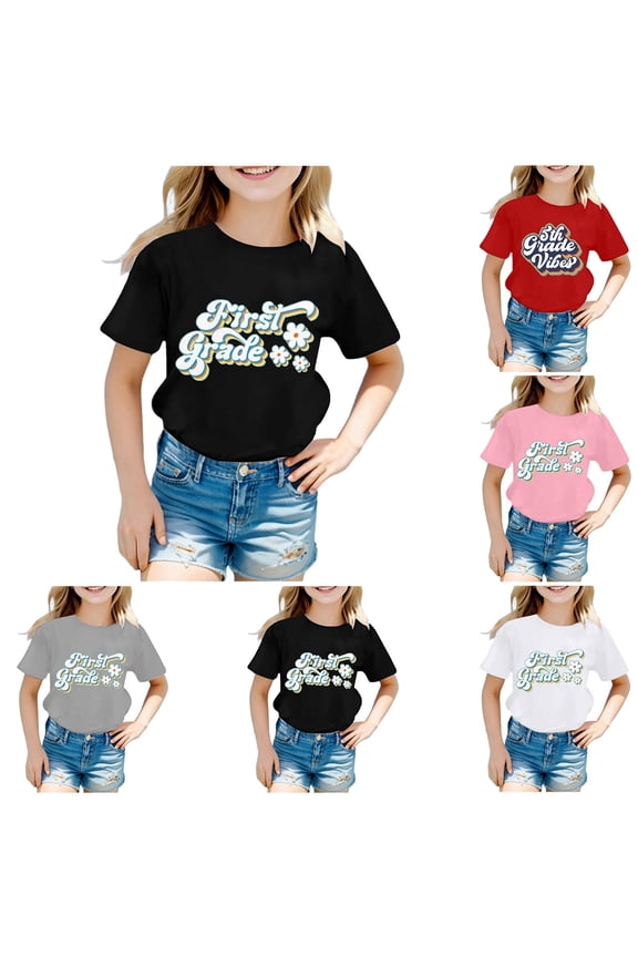 Kid Girls First Day Of School Shirt Hello Kindergarten First/second/third Grade Cotton T-Shirt Back To School Shirts for Girls Summer Short Sleeve Graphic Tees Top Toddler Girl Summer Clothes