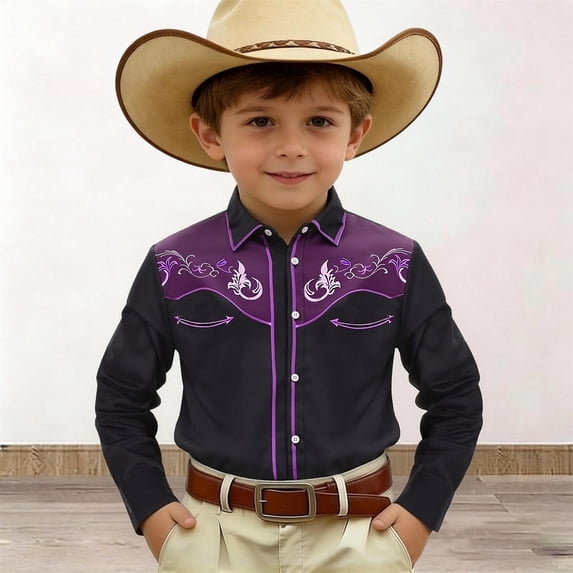 CAIXIA Kid Toddler Boys Cowboy Shirts Western Retro Button-Down Shirt Rodeo Party Long Sleeve Tops with Pockets Clothes