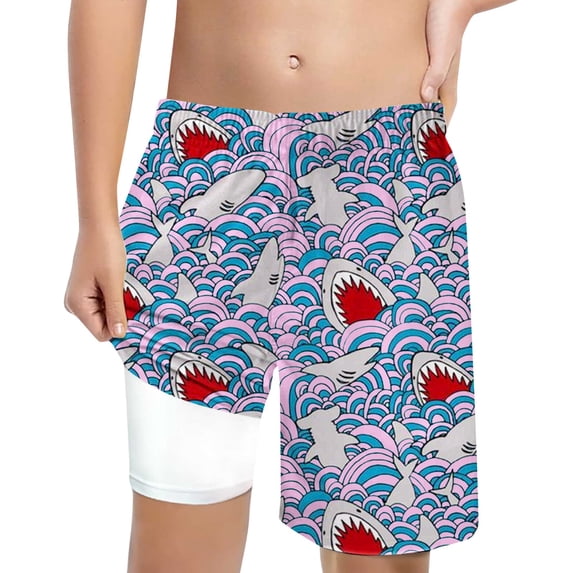 CAIXIA Kids Boys Swim Shorts with Compression Liner Beach Board Shorts 2 In 1 Printed Bathing Suit Soft Beach Pool Swimwear