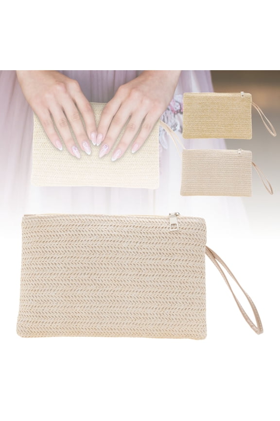 Ladies Boho Straw Woven Zipper Wallet Wristlet Purse Casual Summer Beach Handbag For Daily Use