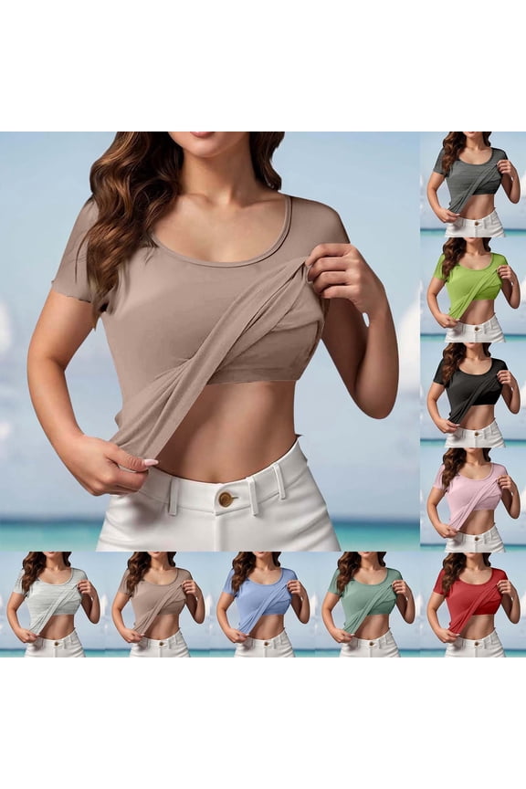 Ladies Tops And Blouses Women's Seamless T Shirt with Built in Bra Support Summer Casual Wear Layering Tee