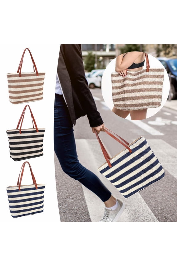 Large Striped Straw Braided Beach Tote Bag Oversized Storage Shoulder Handbag For Outdoor Travel