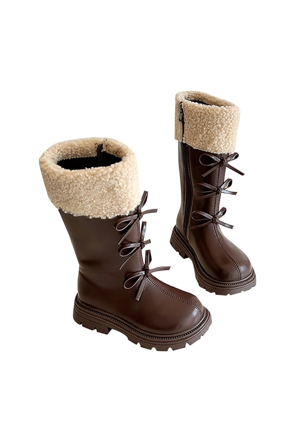 Little Girls Riding Boots Toddler Girl Winter Boots Mid Calf Riding Shoes Soft Bottom Bow High Booties,Brown