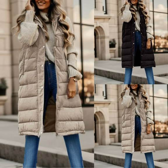 CAIXIA Long Puffer Vest Women Sleeveless Lightweight Puffer Hooded Jacket Winter Warm Outerwear Quilted Jackets for Women,Beige