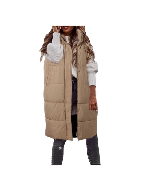 Long Puffer Vest Women Solid Color Sleeveless Hood Winter Puffer Vest Outwear Rich Mom Clothes,Black