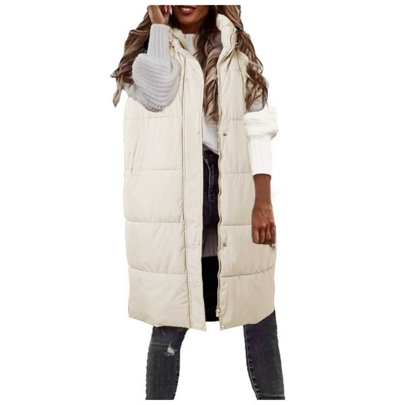 CAIXIA Long Puffer Vest Women Solid Color Sleeveless Hood Winter Puffer Vest Outwear Rich Mom Clothes,Khaki