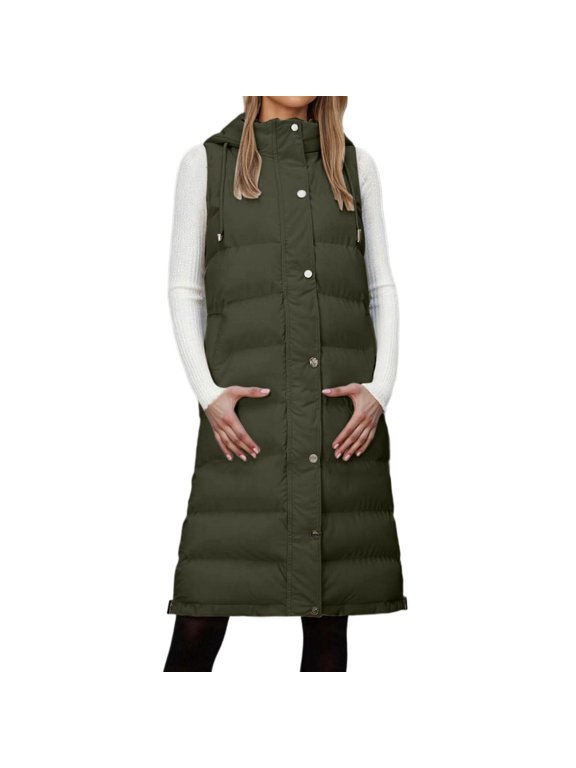 Long Puffer Vest Women With Hood Sleeveless Down Vest Warm Jacket Winter Coat With Pockets Sleeveless Tank Tops For Women,Beige