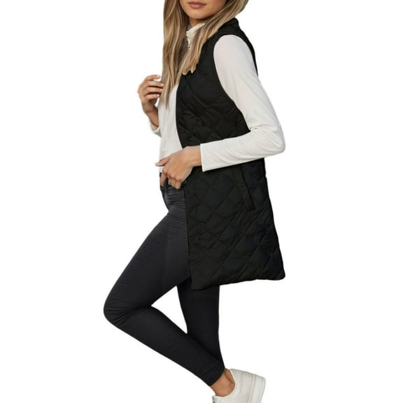 CAIXIA Long Puffer Vest for Women Winter Lightweight Down Vest Black Womens Vests Outerwear Sleeveless Jacket with Pockets,GY2