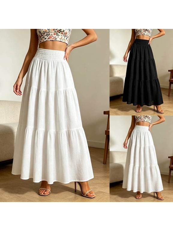 CAIXIA Long Skirts for Women Slim Fit Polka Dot Soft Women's Flowy Handkerchief Hemline Midi Skirt