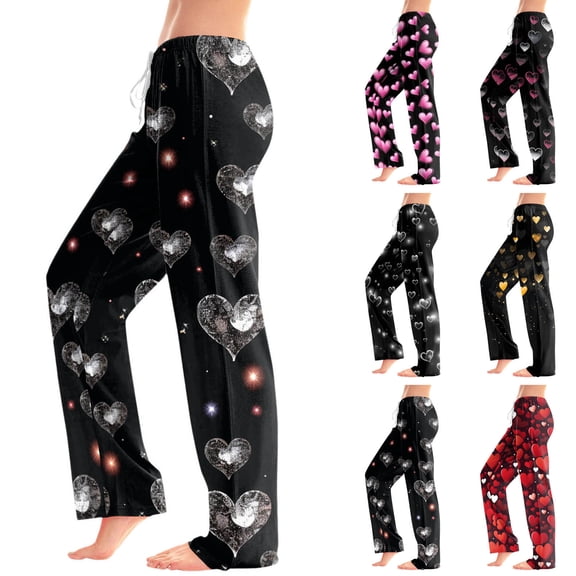 CAIXIA Lounge Pants Women Heart Print Y2k Flowy Wide Leg Ladies' Valentine's Day Fashion Printed Casual Pants High Waist Holiday Trousers