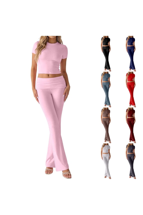 Lounge Sets for Women 2 Piece Foldover Yoga Flare Leggings Pants Crop Tops Casual Y2K Outfits Matching Tracksuit Set