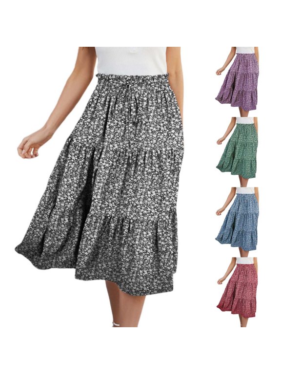 CAIXIA Maxi Skirts for Women High Waisted Ruffled Styles Solid Color Breathable Women's Flowy Handkerchief Hemline Midi Skirt