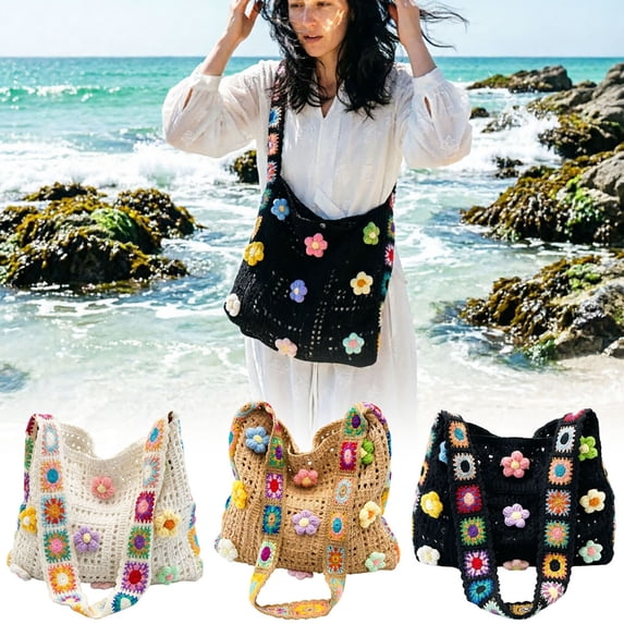 CAIXIA Medium Crossbody Bags For Women Knitted Crossbody Messenger Purse With Colorful Floral Embroidery Woven Shoulder Strap, Granny Square Design Daily Bag