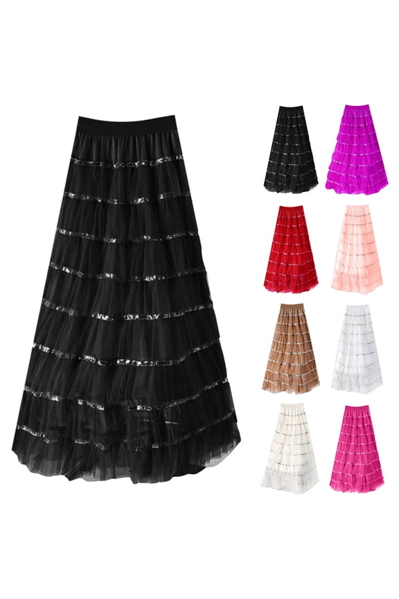 CAIXIA Midi Skirts for Women Work Flared Ruffle Solid Color Stretchable Fabric Women's Flowy Handkerchief Hemline Midi Skirt