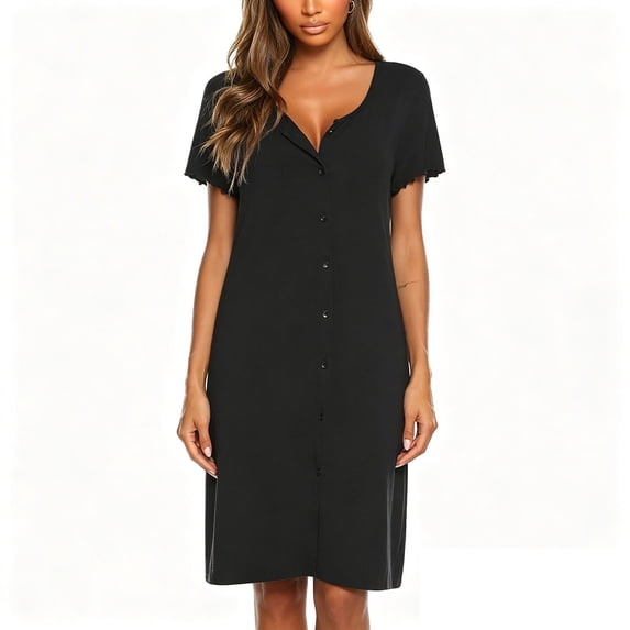 CAIXIA Nightgowns for Women Cotton Viscose Night Gowns Short Sleeve Sleep Shirt Pleated V Neck House Dress Soft Night Shirts