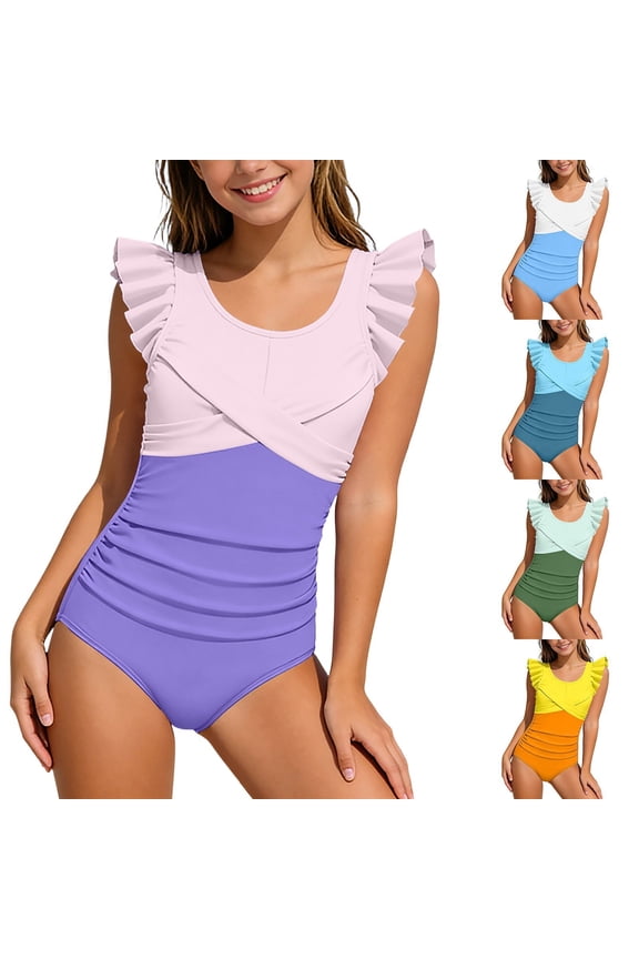 One Piece Jumpsuits for Girls Girls Bathing Suits Tie-Straps Color Block Swimsuit Coverup Cute Ruffle Cute Cutout Stretchy Girl Swimwear Swim Suit