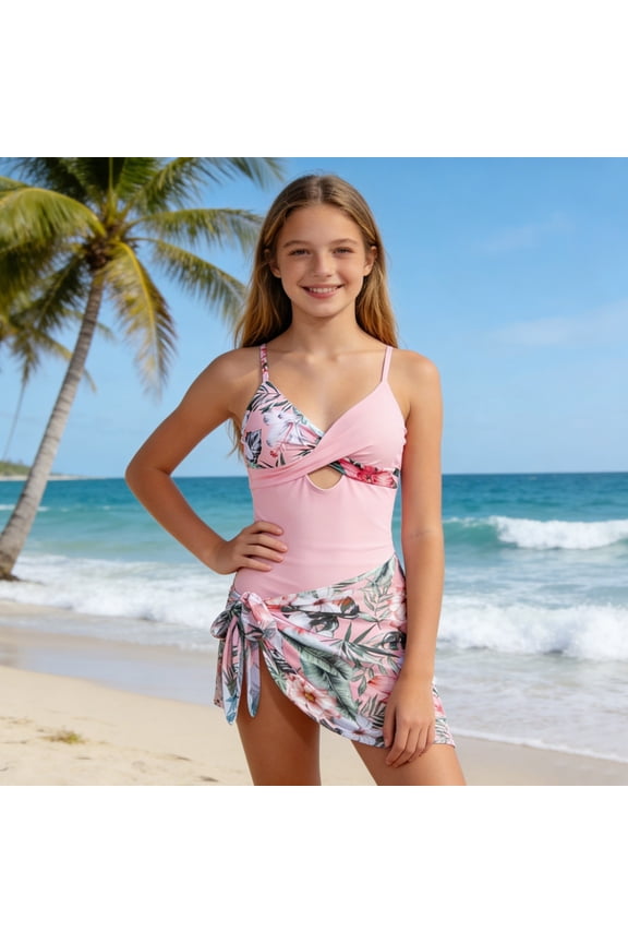 One Piece Swimsuit Girls Drawstring Bottoms Girls Bathing Suit Colorful Contrast Cut Out Modest Ruched Ruffle Butts Girls Swimsuits Quick-Dry Teen Swimwear,9-10 Y