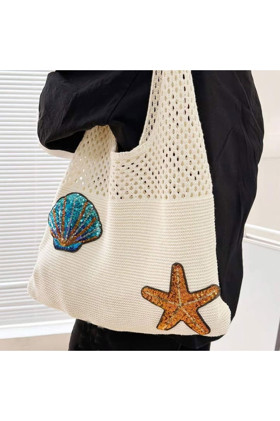 Openwork Seashell Sequin Applique Knitted Tote Bag Spacious Casual Shoulder Handbag For Daily Use