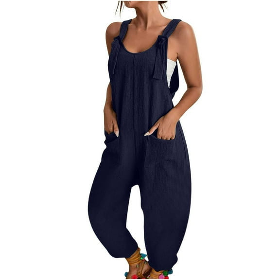 CAIXIA Overalls for Women Casual Barrel Wide Leg Bib Pants Loose Sleeveless Jumpsuit with Pockets,Dark Blue