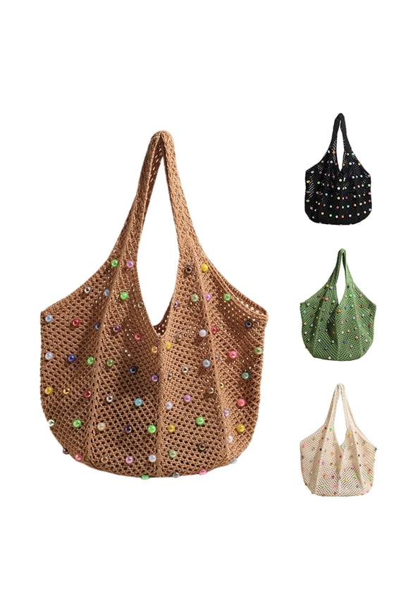 Pearl Hollow Woven Shoulder Tote Bag Large Capacity Stylish Versatile Handbag For Everyday Leisure Use