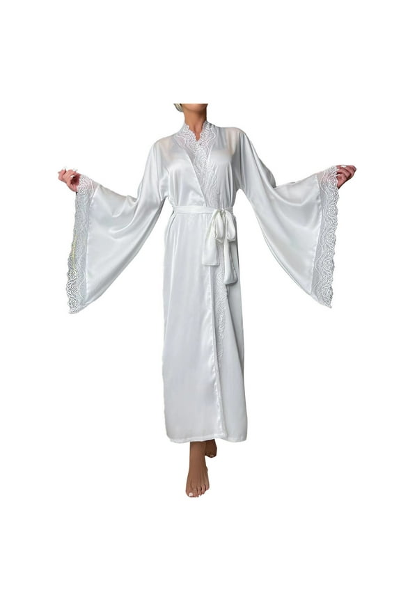 Plush Bathrobes For Women Plus Size Women's Kimono Bathrobe Feathered Trim Long Sleeve Robe With Belt Tie