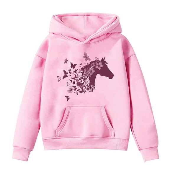 CAIXIA Pullover Hoodies For Girls 10-12,Kids Horse Print Long Sleeve Hoodies,3-4 Years,Pink