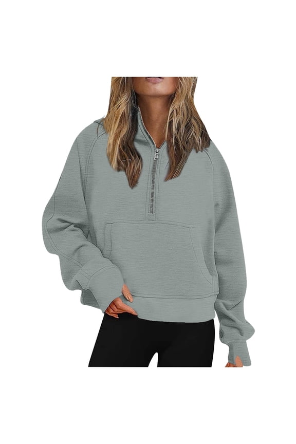 Quarter Zip Weighted Hoodie for Women Fleece Pullover Fashion Trendy Sweaters Tops Long Sleeve Letter Print Tunic Sweatshirt with Pocket Spring Fall Clothes 2026