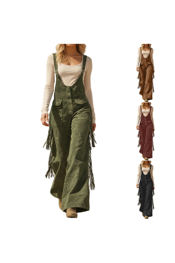 Rompers for Women S-uede Fringe Cowgirl Jumpsuits Country Concert Outfit Western High Waisted Romper Vintage Cargo Overalls