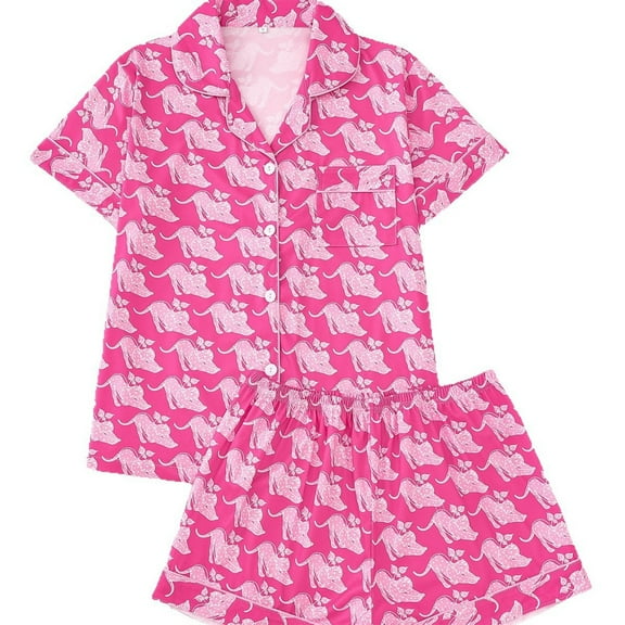CAIXIA Satin Pajama Set For Women Printed Short Sleeve Shorts Pajama Soft Comfy Loungewear With Lapel Collar Home Sleepwear Nightwear Outfit For Ladies,Red