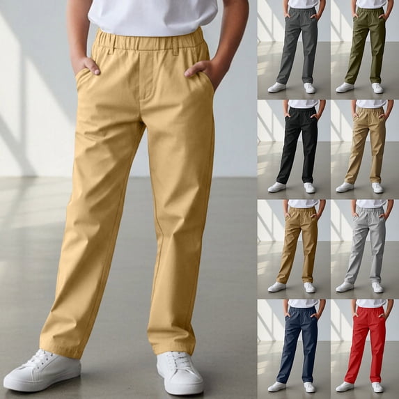 CAIXIA School Uniform Pants for Boys Elastic Waist Dress Pants Straight Leg Chino Pants Twill Flat Front Slacks Golf Pants Long Trousers Trendy Clothes for Girls Kids