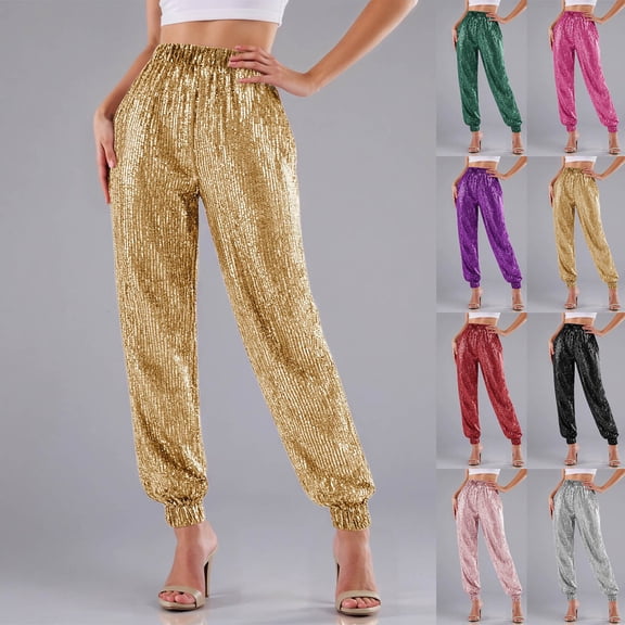 CAIXIA Sequin Joggers for Women Elastic High Waisted Sparkly Pants Holiday Party Glitter Trousers Disco Dance Clothes 2026