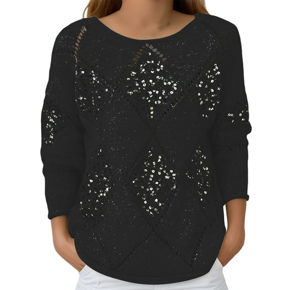 CAIXIA Sequins Tops for Women Argyle Sweater Fall Winter Knit Shirts Crewneck Long Sleeve Loose Pullover Top Party Clubwear