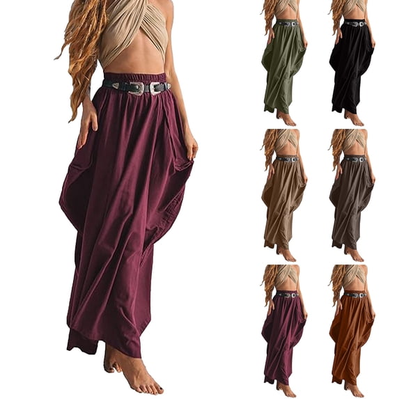 CAIXIA Skirts for Women Midi Length Plus Size A-Line Hawaiian Soft & Lightweigh Flowy Swing Pleated Beach Long Skirt with Pockets