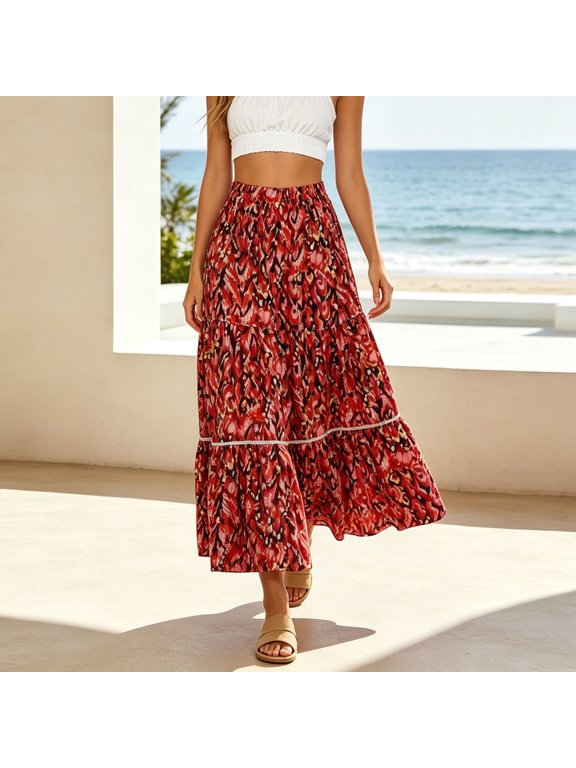 CAIXIA Skirts for Women Summer Relaxed Fit Striped Lightweight Women's Flowy Handkerchief Hemline Midi Skirt