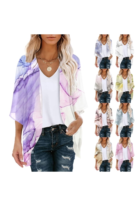 Summer Kimonos for Women Boho Floral Short Sleeve Flowy Cardigans Swimsuit Beach Cover Ups for Women Swimwear